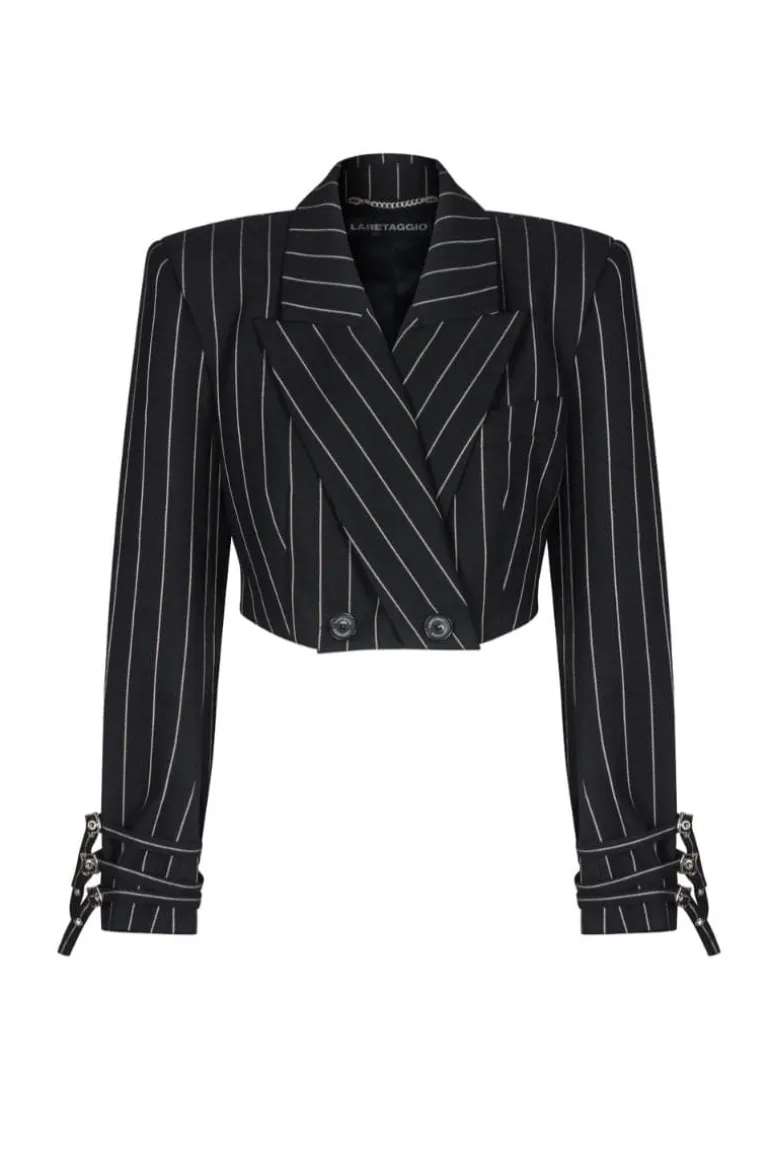 Blazers<CULT MIA ABANO CROPPED STRIPED DOUBLE BREASTED BLAZER Black