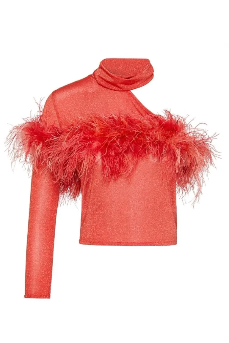 Tops<CULT MIA ABBY ONE-SHOULDER METALLIC KNITTED TOP Orange