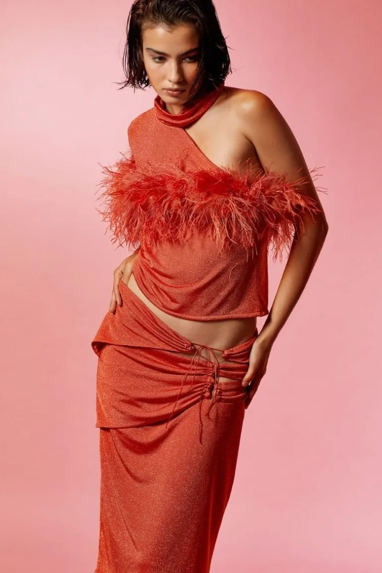 Tops<CULT MIA ABBY ONE-SHOULDER METALLIC KNITTED TOP Orange