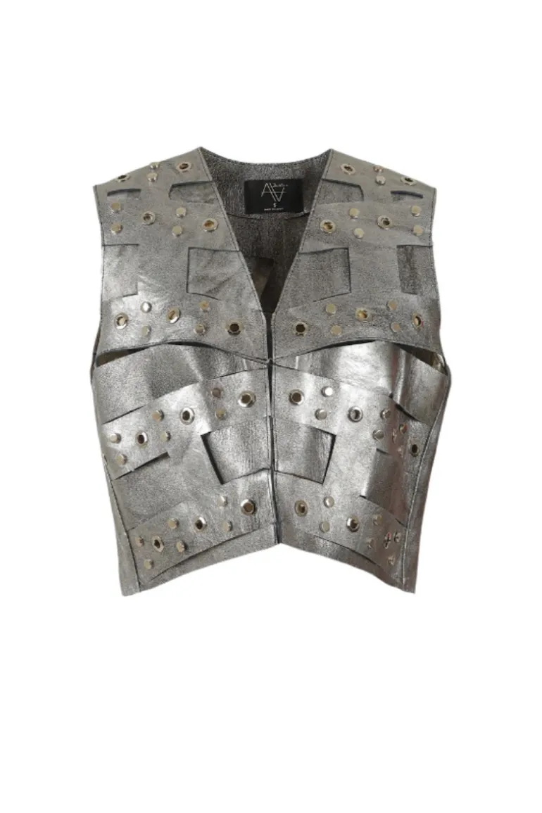 Jackets<CULT MIA AIDEN STUDDED LEATHER VEST Washed Silver