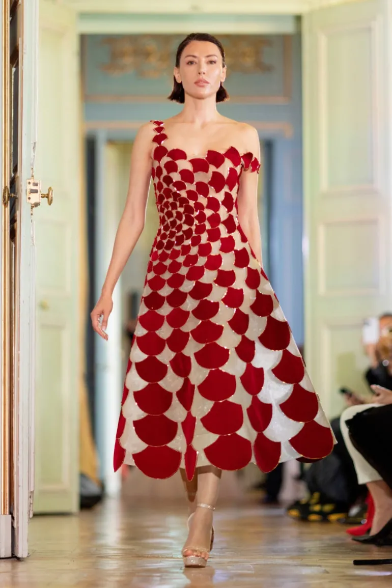 Dresses | Midi Dresses<CULT MIA A-LINE SHEER TULLE DRESS WITH RED VELVET FABRIC CUTS red-nude