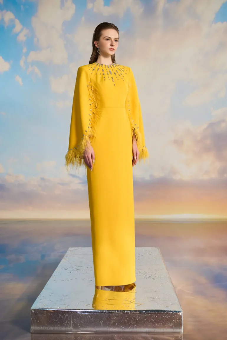 Dresses<CULT MIA ALLISON CREPE CAPE SLEEVE MAXI DRESS Yellow