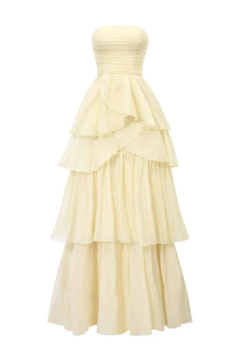 Dresses | Gowns<CULT MIA ALLISON TIERED CROSSOVER GOWN Pastel Yellow