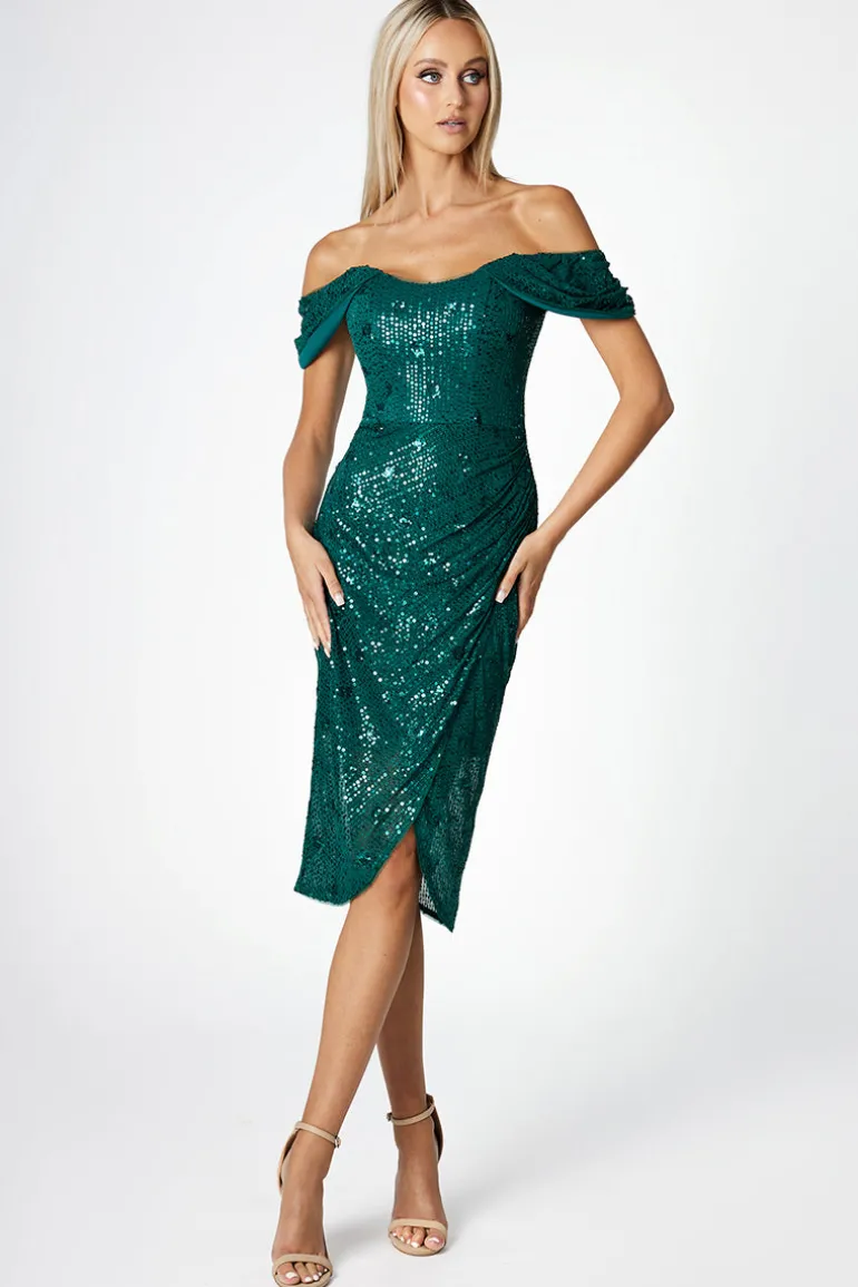 Dresses | Midi Dresses<CULT MIA ALTHEA DRAPED OFF-SHOULDER MIDI DRESS Emerald