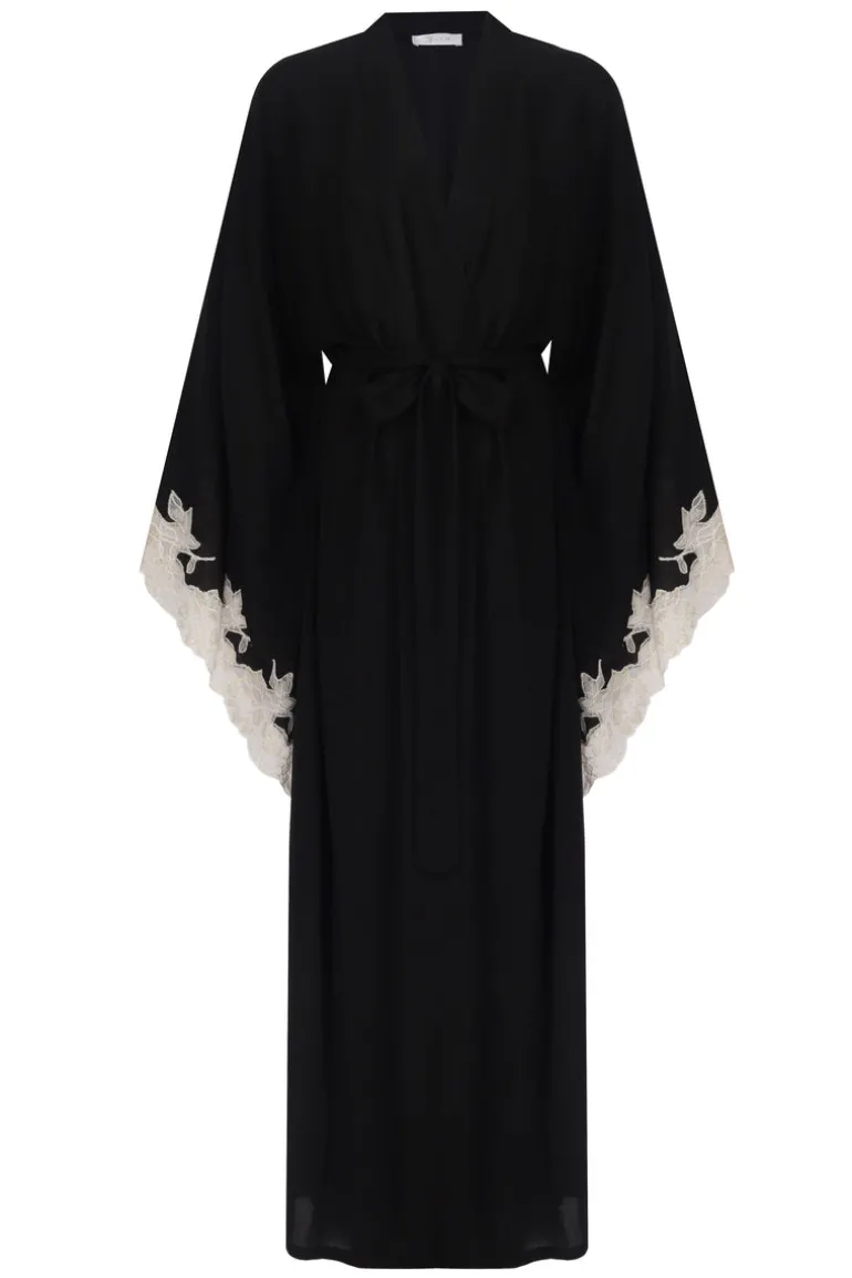 Sleep & Loungewear<CULT MIA ANASTASIA LONG WITH GOLD LACE KIMONO Black