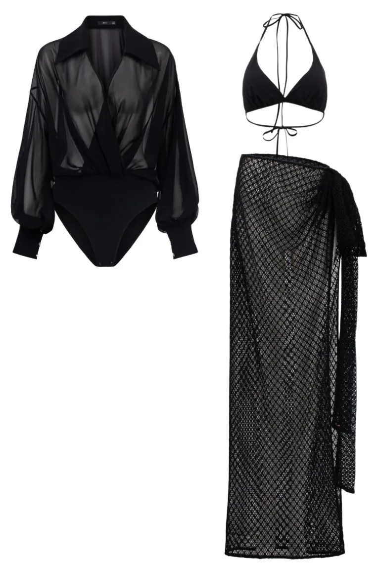Outfit Sets<CULT MIA ANNE CHIFFON BODYSUIT AND SALMA BRA SET Black
