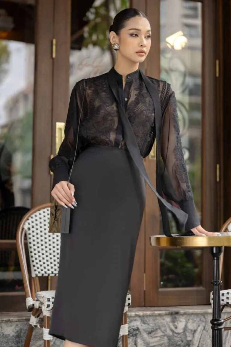 Outfit Sets<CULT MIA ARETHA SILK MIXED LACE SHIRT AND PENCIL SKIRT Black