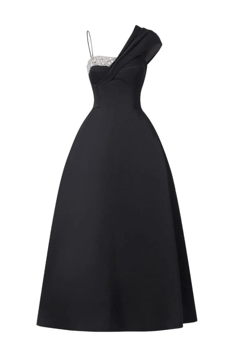 Dresses | Midi Dresses<CULT MIA ASYMMETRIC CRYSTAL EMBROIDERED ONE SHOULDER MIDI DRESS Black