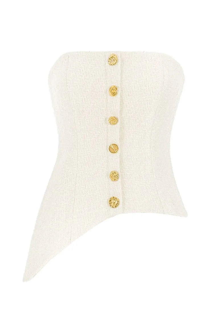 Tops<CULT MIA ASYMMETRIC GOLD-DETAILED TWEED CORSET White/Gold