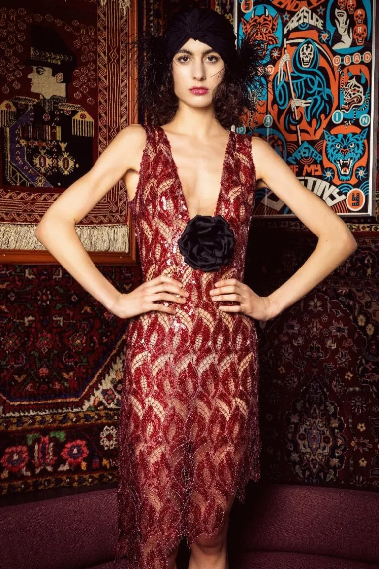 Dresses | Midi Dresses<CULT MIA ASYMMETRIC SEQUINED LACE MINI DRESS WITH DETACHABLE ROSE Red