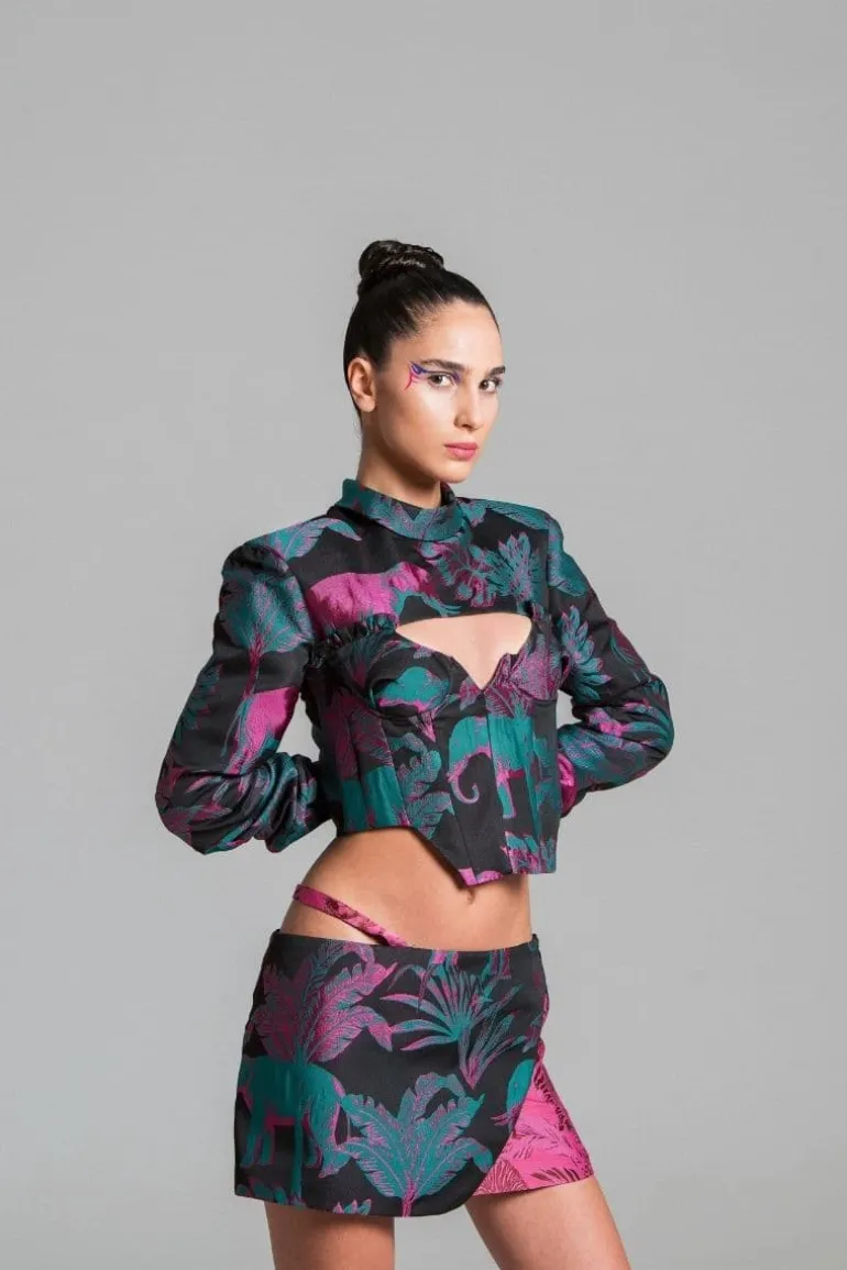 Tops<CULT MIA ASYMMETRIC ZOO CORSET TOP Pink/Green