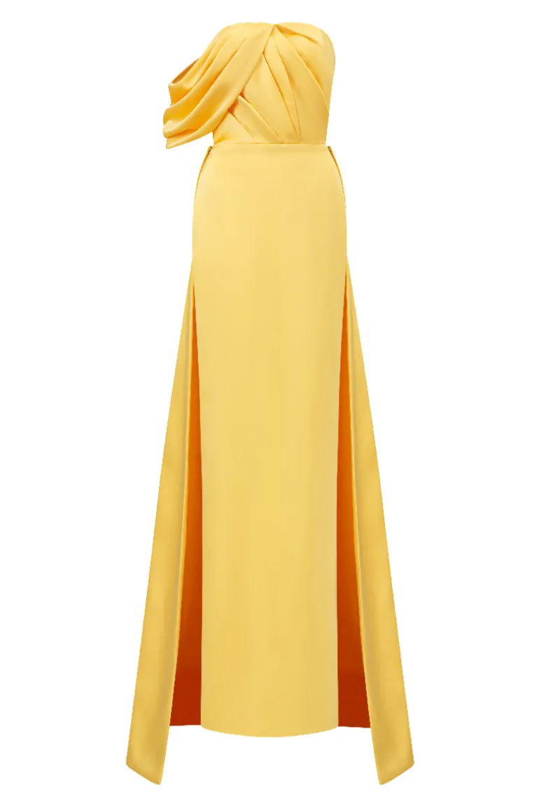 Dresses | Gowns<CULT MIA ASYMMETRICAL DRAPED STRAPLESS COLUMN SILK GOWN Sunshine Yellow