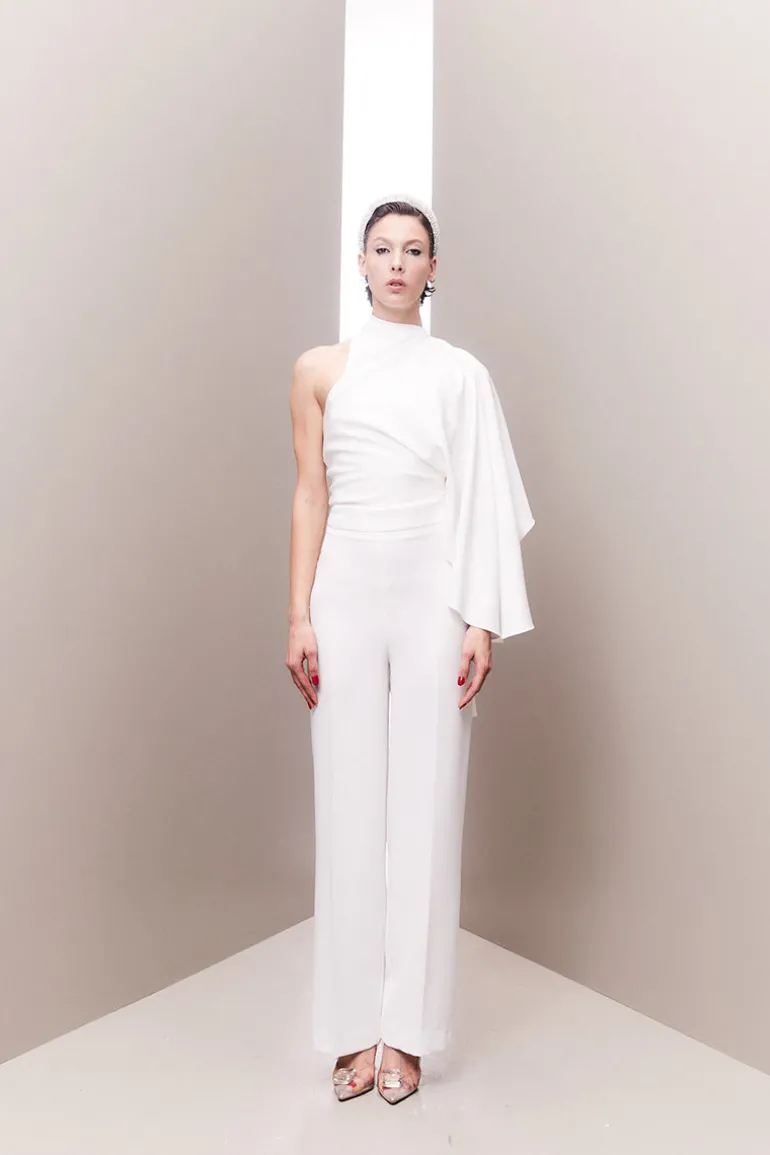 Outfit Sets<CULT MIA ASYMMETRICAL ONE-SHOULDER DRAPED BRIDAL TWO-PIECE SET Off-White