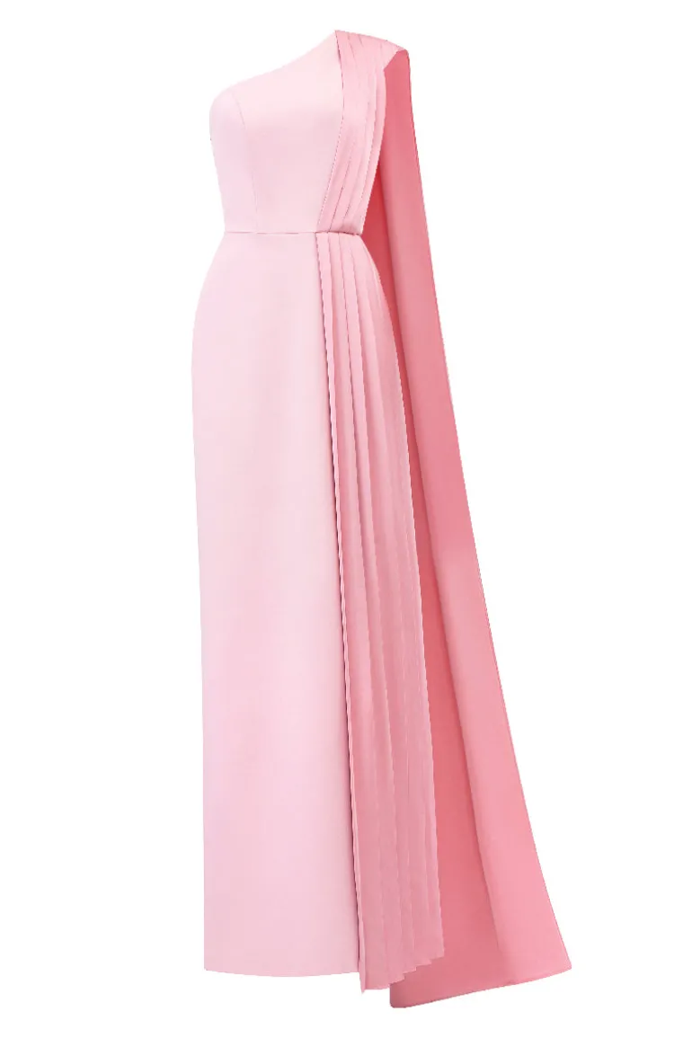 Dresses | Gowns<CULT MIA ASYMMETRICAL SHOULDER COLUMN GOWN WITH PLEATED DETAILS Rose Quartz