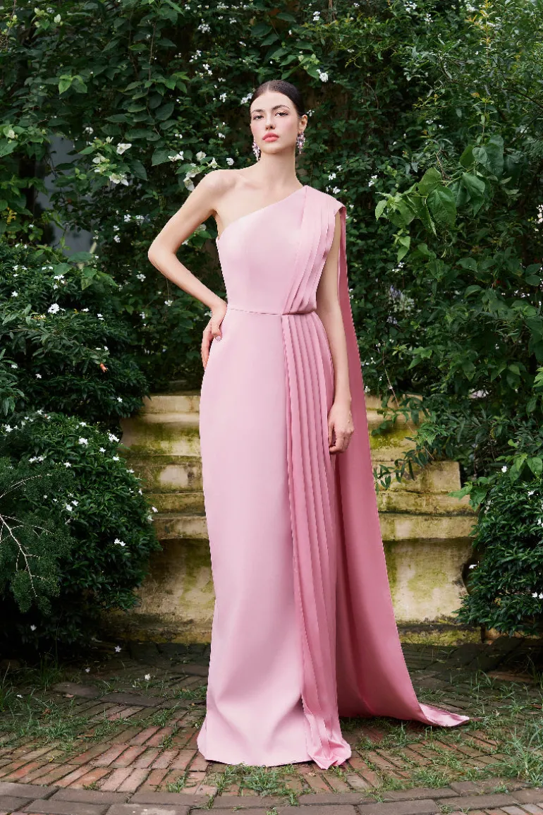 Dresses | Gowns<CULT MIA ASYMMETRICAL SHOULDER COLUMN GOWN WITH PLEATED DETAILS Rose Quartz