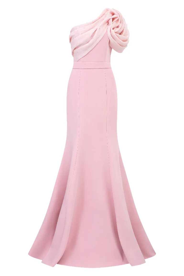 Dresses | Gowns<CULT MIA ASYMMETRICAL SHOULDER MERMAID GOWN WITH FLORAL DRAPED DETAILS Rose Quartz