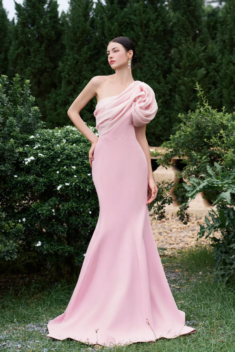 Dresses | Gowns<CULT MIA ASYMMETRICAL SHOULDER MERMAID GOWN WITH FLORAL DRAPED DETAILS Rose Quartz