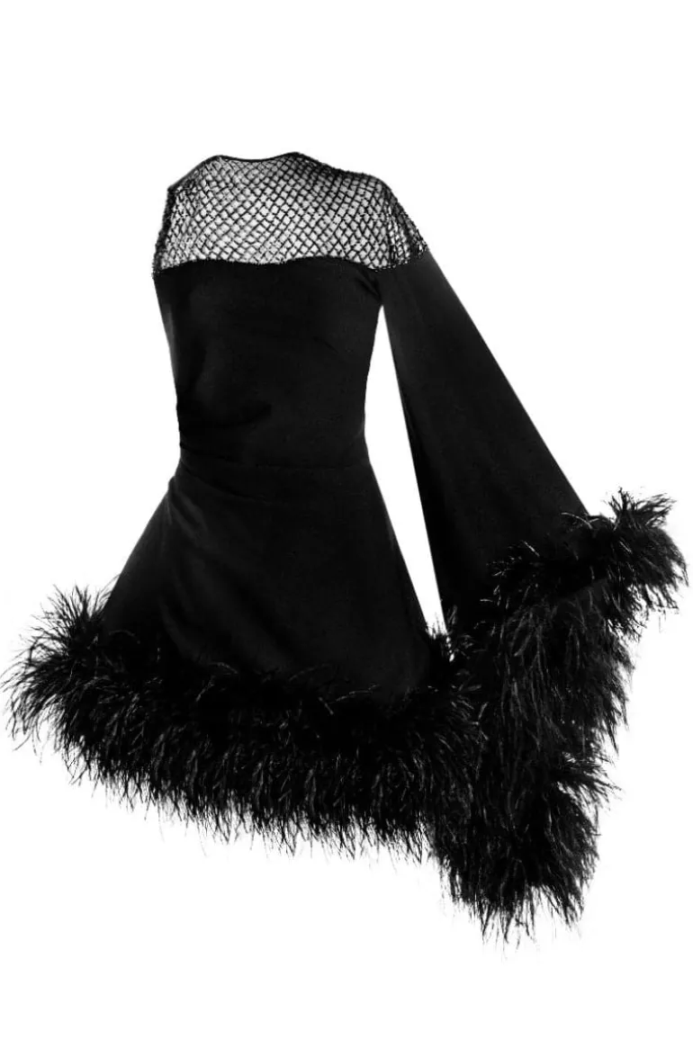 Dresses | Midi Dresses<CULT MIA AURORA ASYMMETRIC DRAPED FEATHER DRESS Black