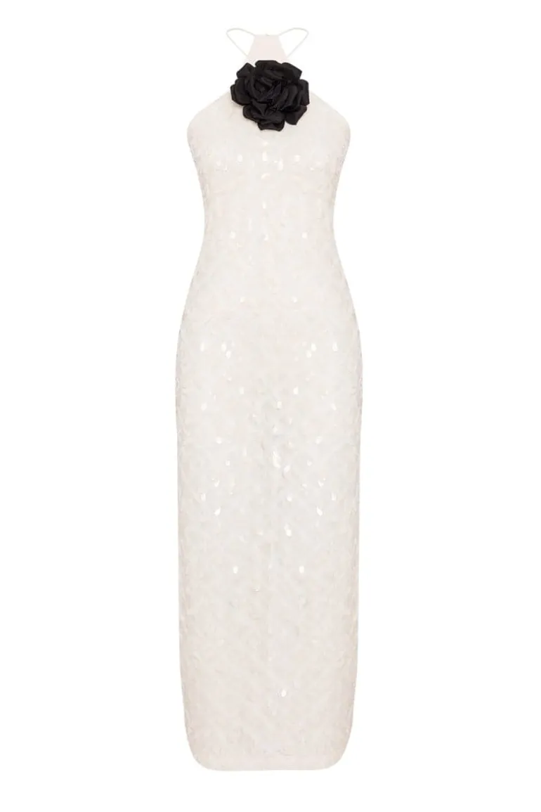 Dresses | Midi Dresses<CULT MIA AYA 3D SATIN ROSE SEQUINED-TULLE HALTERNECK MIDI DRESS White