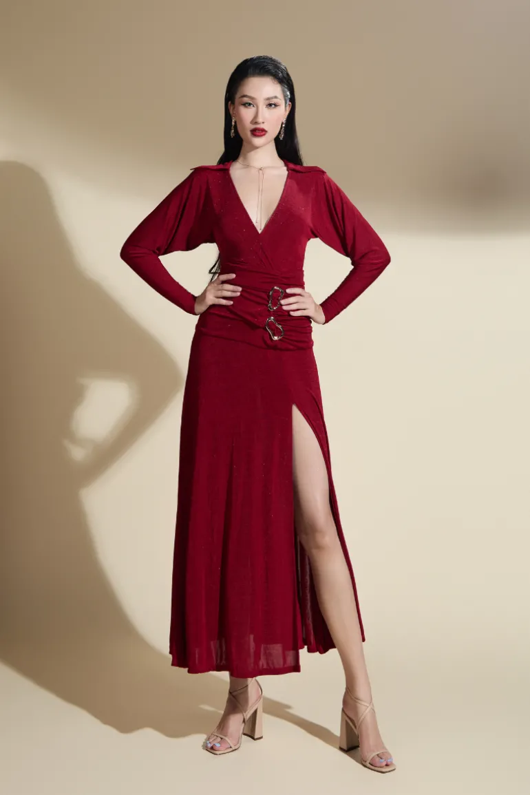 Dresses | Midi Dresses<CULT MIA AYLEEN SLIT V WRAPAROUND NECK JERSEY MIDI DRESS Red