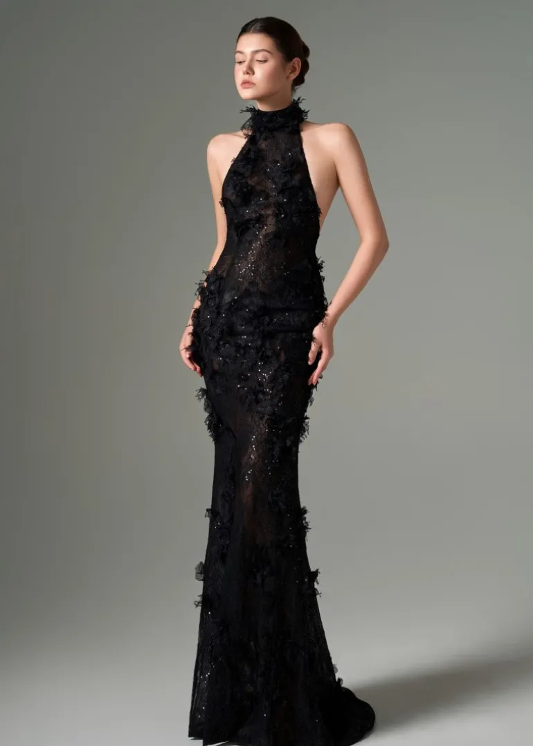 Dresses | Gowns<CULT MIA AYLIN FLORAL LACE HALTER NECK GOWN black