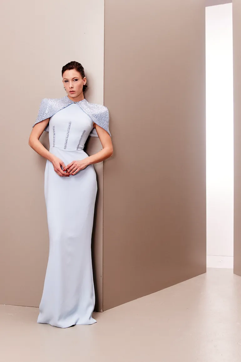 Dresses<CULT MIA CORSET DRESS WITH DETACHABLE EMBROIDERED CAPE Baby Blue