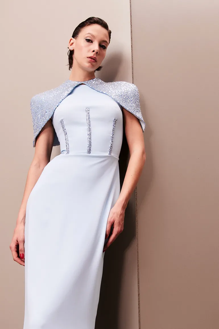 Dresses<CULT MIA CORSET DRESS WITH DETACHABLE EMBROIDERED CAPE Baby Blue