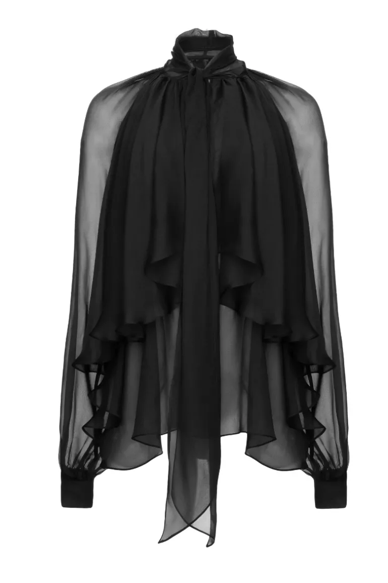 Tops<CULT MIA BALLOON-SLEEVE CHIFFON BLOUSE Black