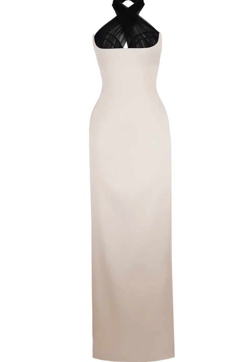 Dresses | Gowns<CULT MIA BAUTISTA SHEATH CRISS CROSS NECK SATIN FLOOR LENGTH DRESS Beige
