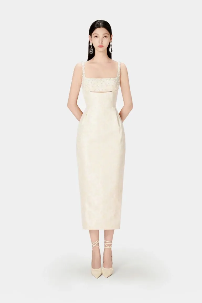 Dresses | Midi Dresses<CULT MIA BEADED BROCADE PENCIL MIDI DRESS Beige
