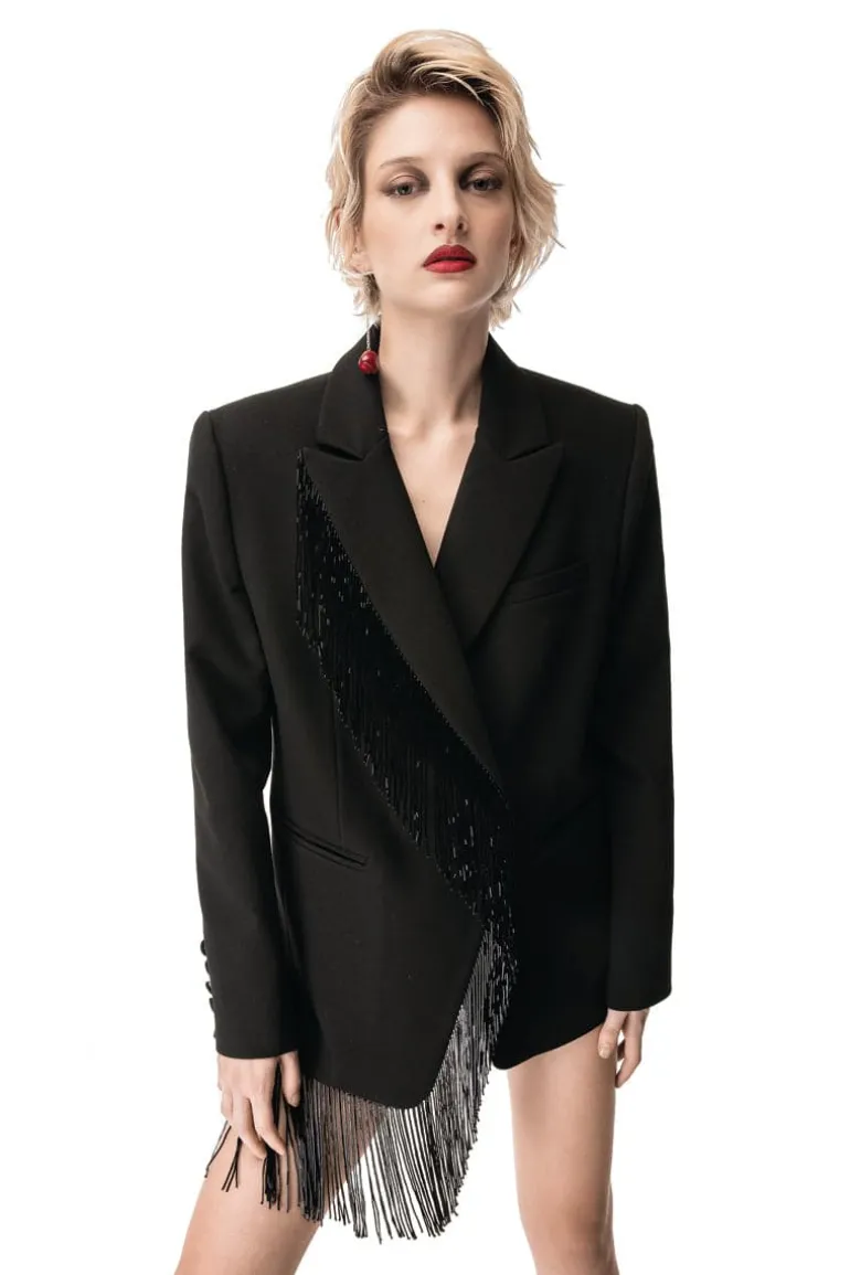 Jackets<CULT MIA BEADED FRINGE JACKET Black