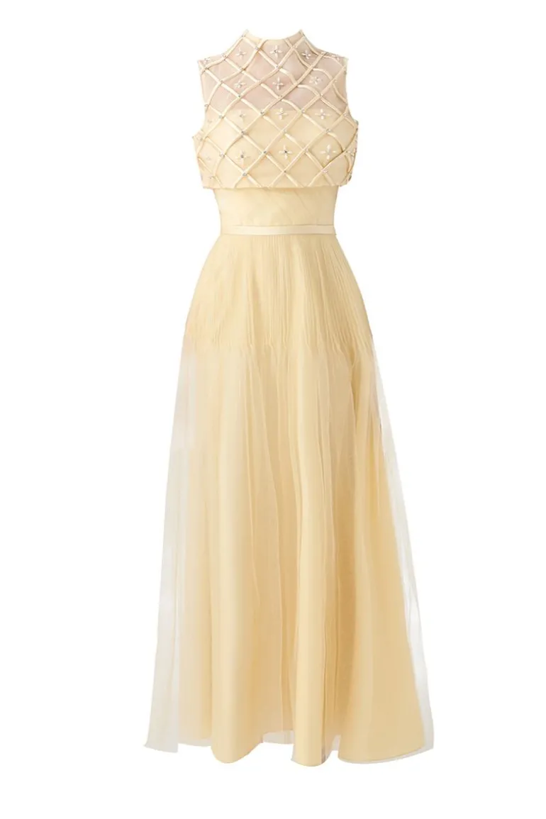 Dresses | Midi Dresses<CULT MIA A-LINE DRAPED MESH SILK MAXI DRESS Beige