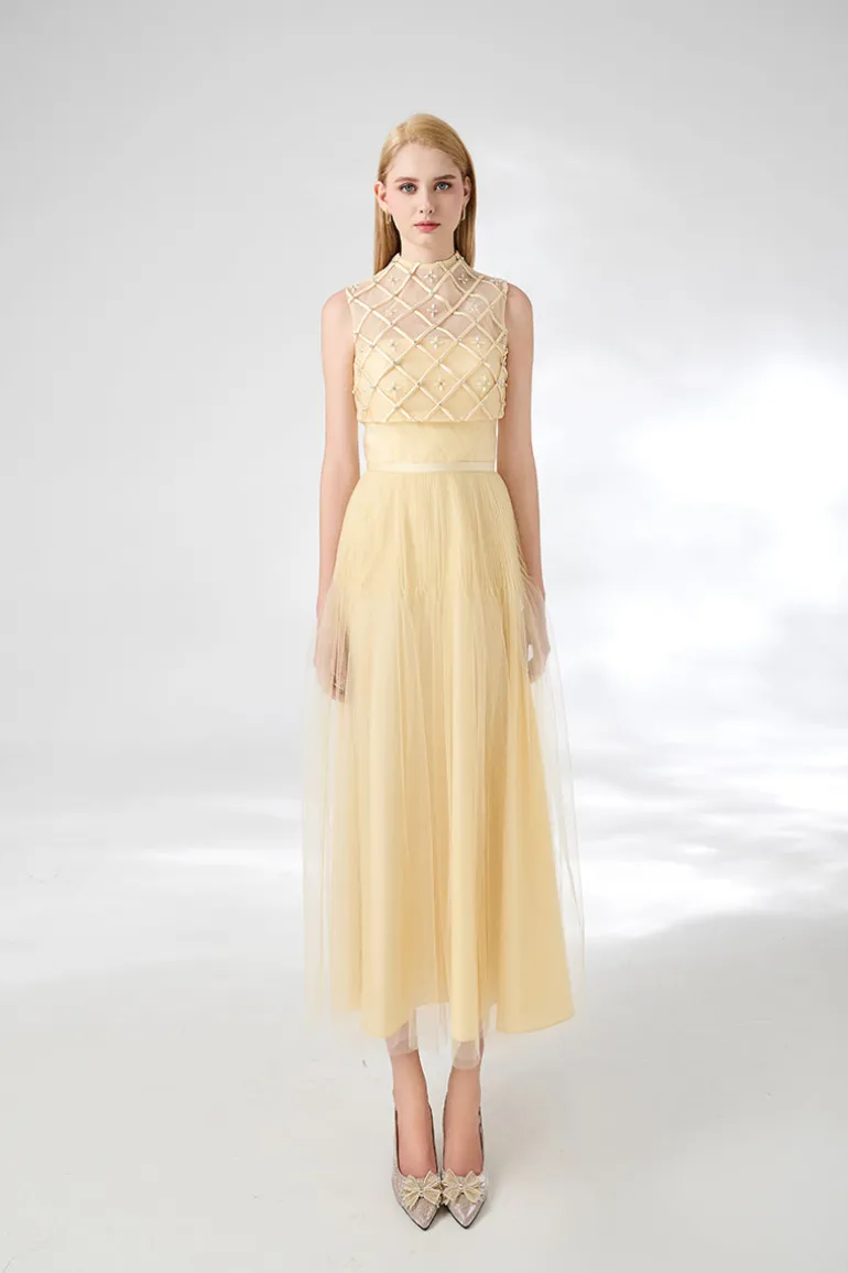 Dresses | Midi Dresses<CULT MIA A-LINE DRAPED MESH SILK MAXI DRESS Beige