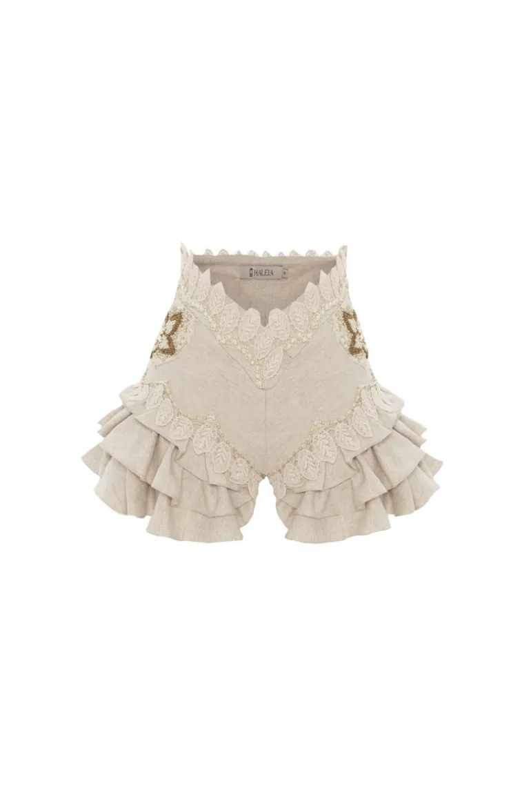 Pants<CULT MIA HANDMADE APPLIQUE DETAILED RUFFLED LINEN SHORT Beige