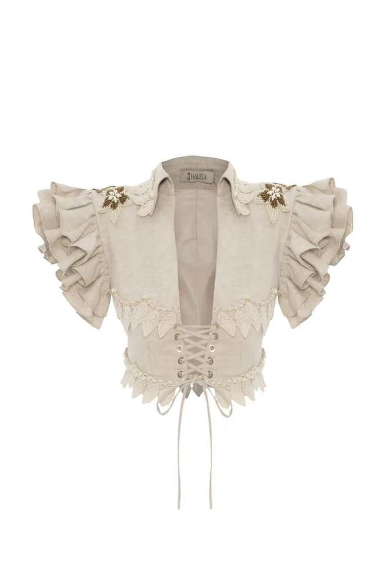 Tops<CULT MIA HANDMADE LACE DETAILED RUFFLED LINEN JACKET Beige