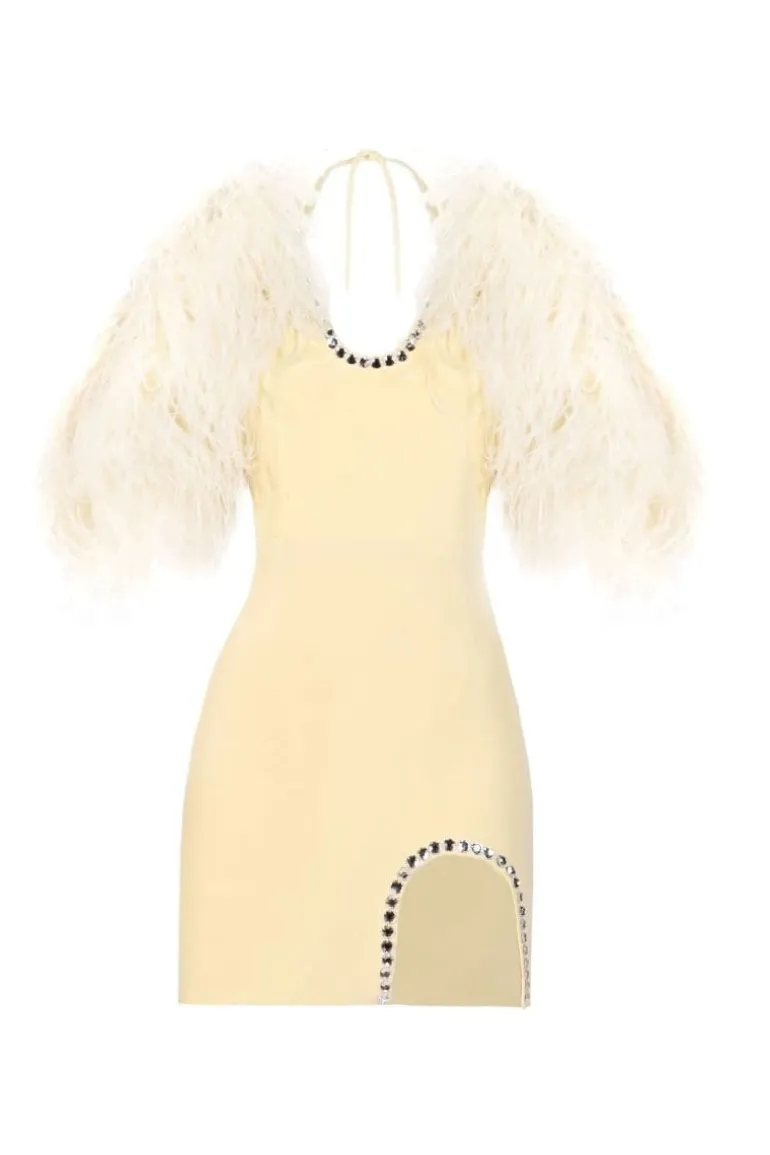 Dresses | Mini Dresses<CULT MIA BELLA SILK FEATHER-TRIMMED MINI DRESS Yellow