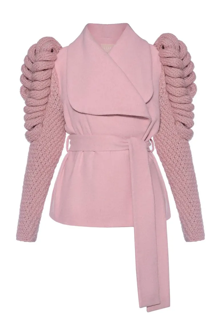 Coats<CULT MIA BELTED SHORT PINK COAT WITH KNITTED SLEEVES Cherry Pink