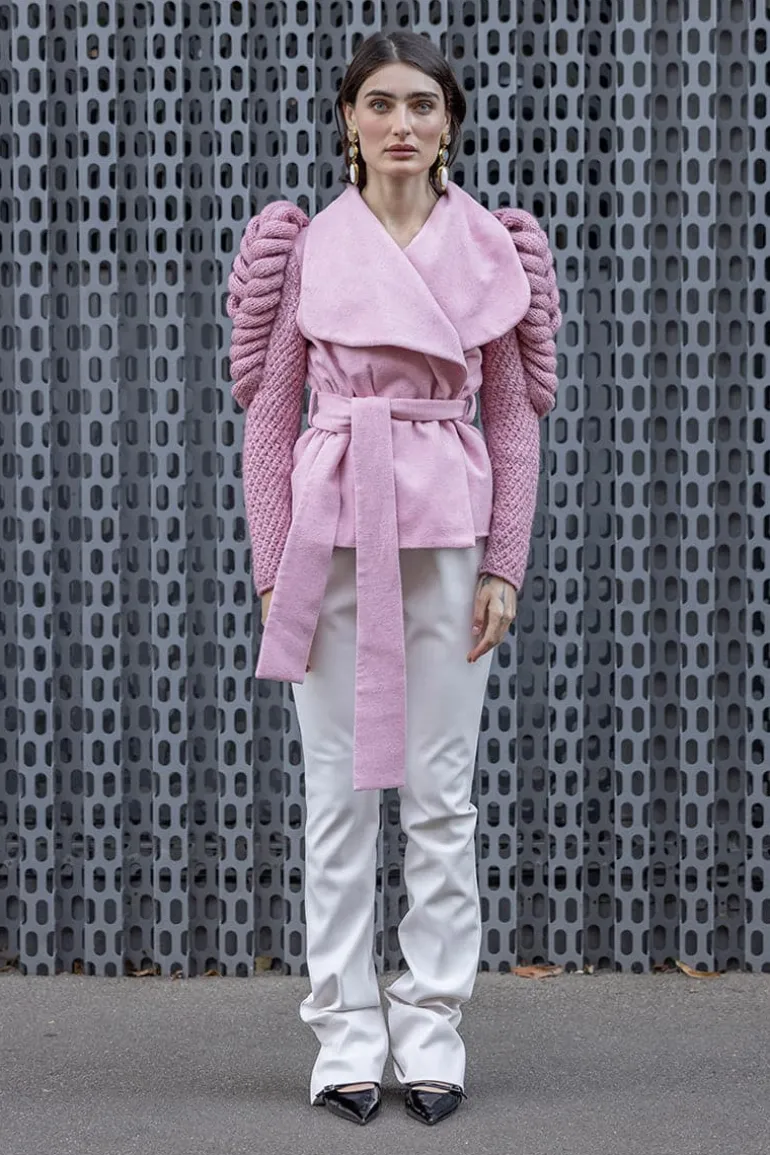 Coats<CULT MIA BELTED SHORT PINK COAT WITH KNITTED SLEEVES Cherry Pink