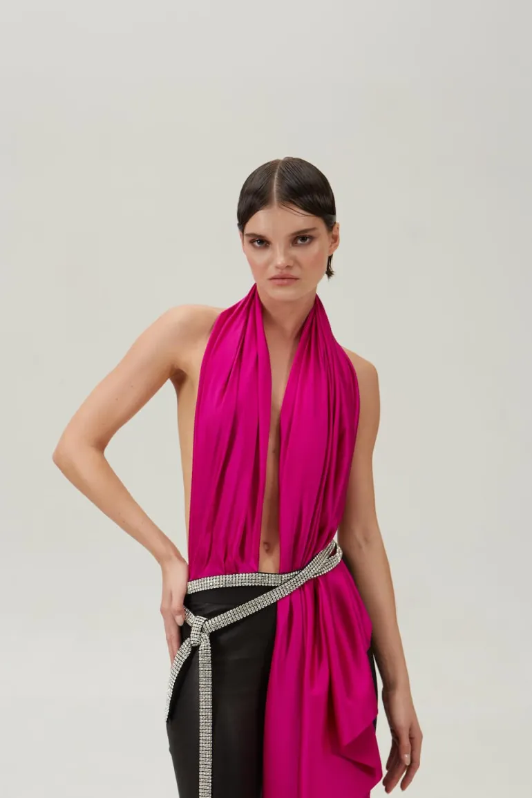 Tops<CULT MIA BIANCA OPEN-BACK DRAPED SILK HALTERNECK TOP Fuchsia Pink