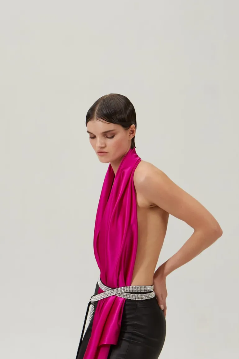 Tops<CULT MIA BIANCA OPEN-BACK DRAPED SILK HALTERNECK TOP Fuchsia Pink