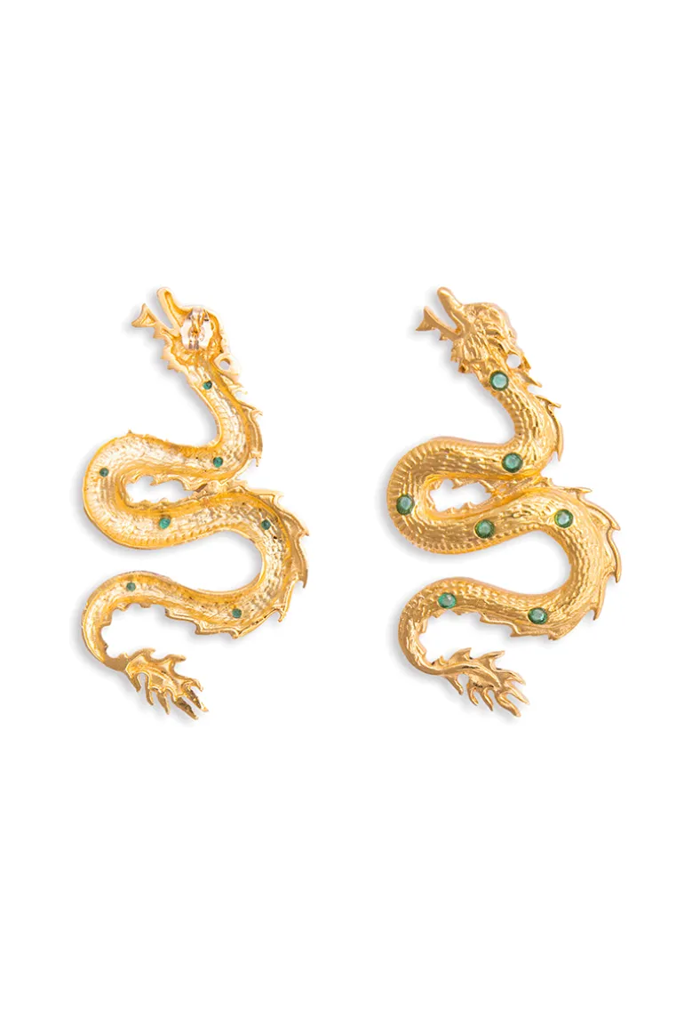 Earrings<CULT MIA BIG DRAGON EARRINGS WITH GREEN CRYSTAL STONES Gold