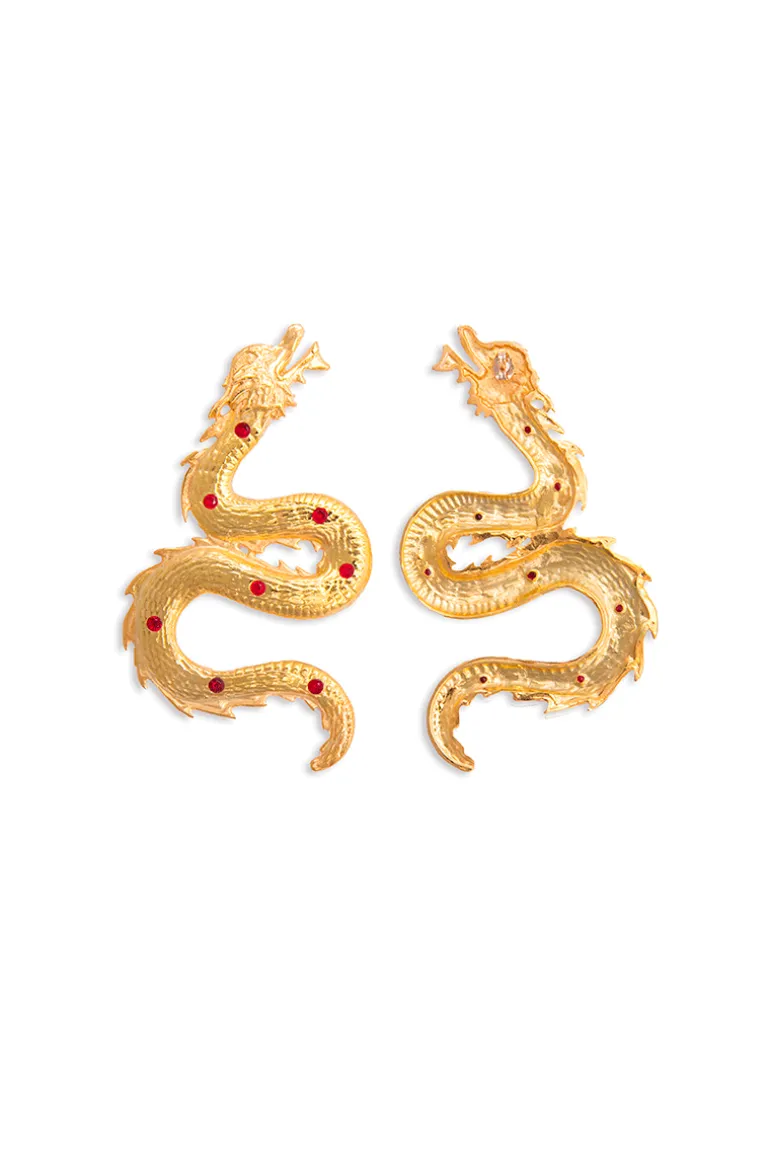 Earrings<CULT MIA BIG DRAGON EARRINGS WITH RED CRYSTAL STONES Gold