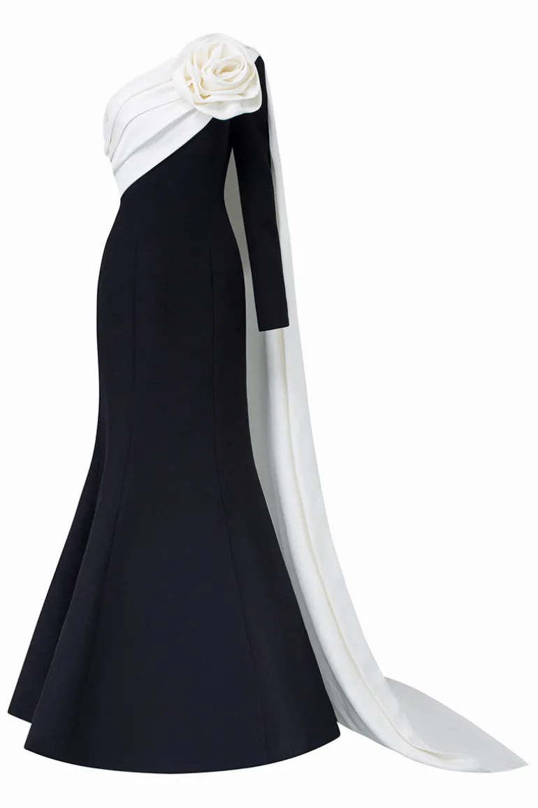 Dresses | Gowns<CULT MIA ASYMETRICAL SHOULDER GOWN WITH DRAPED ROSE Black
