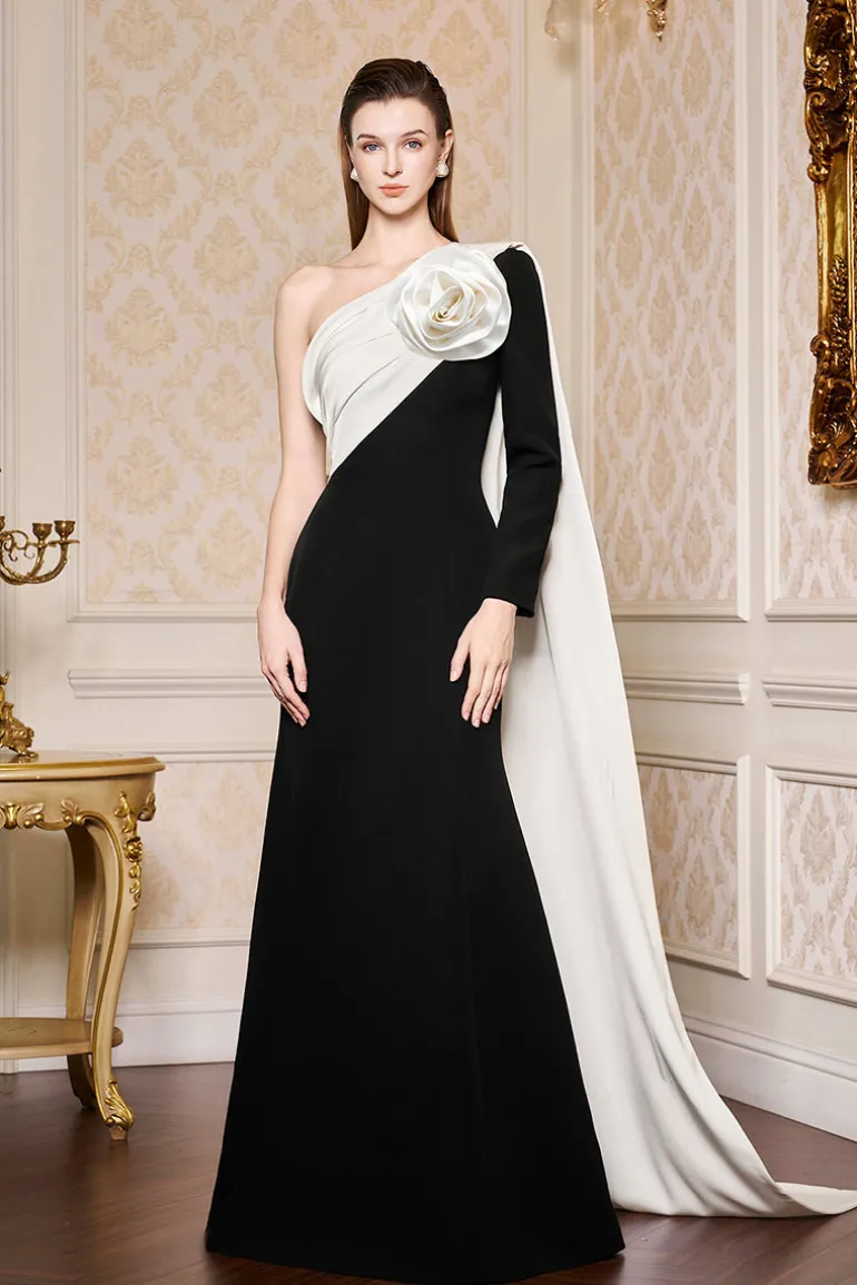 Dresses | Gowns<CULT MIA ASYMETRICAL SHOULDER GOWN WITH DRAPED ROSE Black