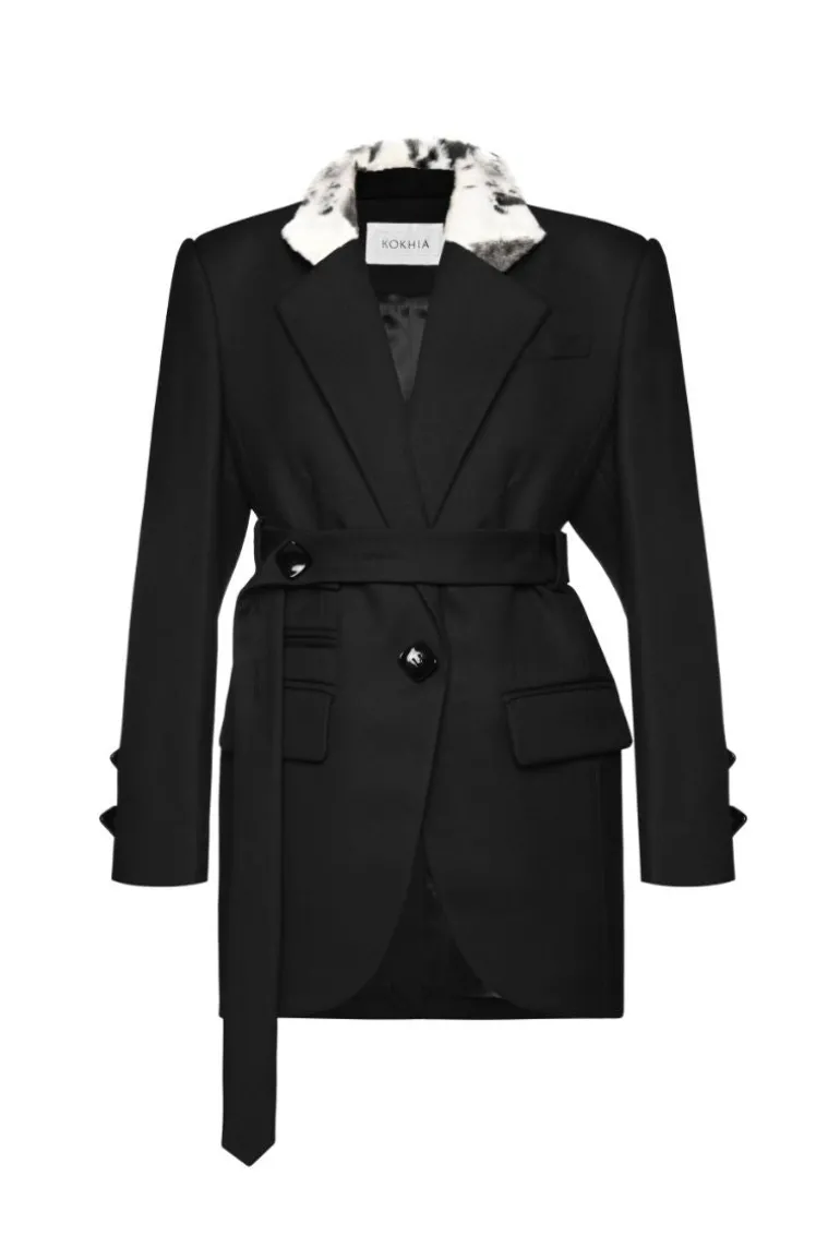 Blazers<CULT MIA BELTED BLAZER WITH FAUX FUR COLLAR Black