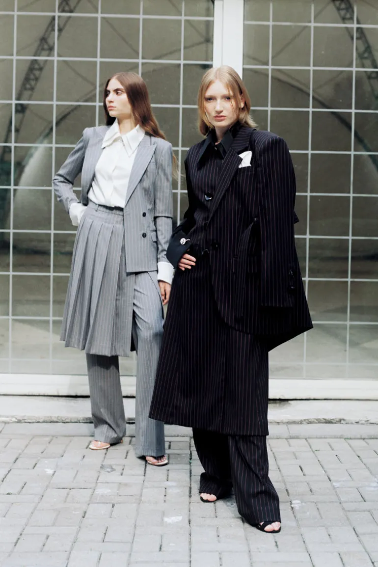 Blazers<CULT MIA BLACK BELTED PINSTRIPE BLAZER Black and Pink Pinstripe