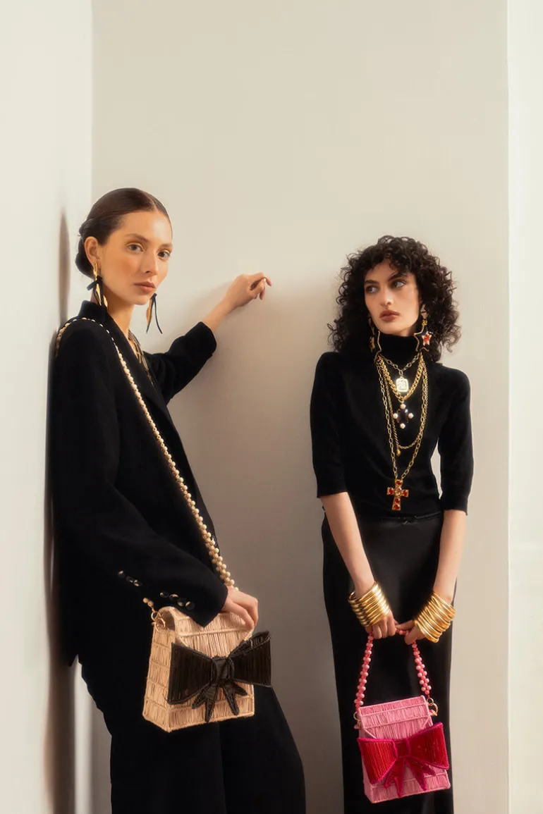Shoulder Bags<CULT MIA BLACK BOW HANDBAG Natural and Black