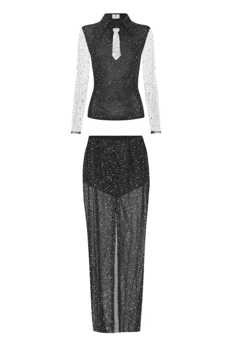 Outfit Sets<CULT MIA CRYSTAL BEADED SHIRT AND SKIRT SET Black