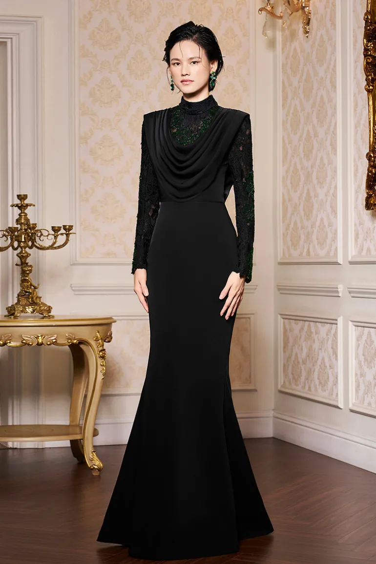 Dresses | Gowns<CULT MIA DRAPED NECK MERMAID GOWN IN LACE AND VELVET CREPE Black