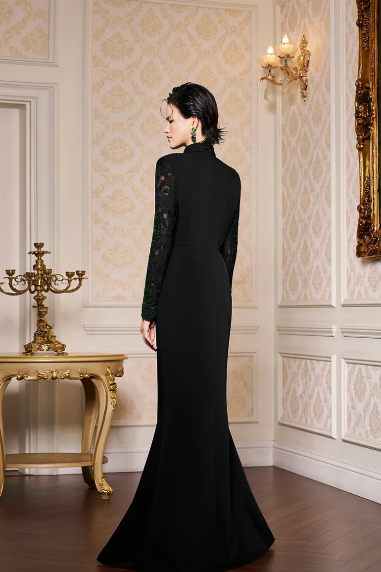 Dresses | Gowns<CULT MIA DRAPED NECK MERMAID GOWN IN LACE AND VELVET CREPE Black